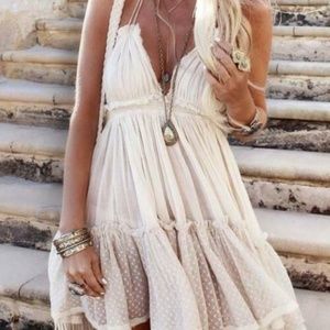 Boho Backless V Halter Swiss Dot Mini Dress Cream